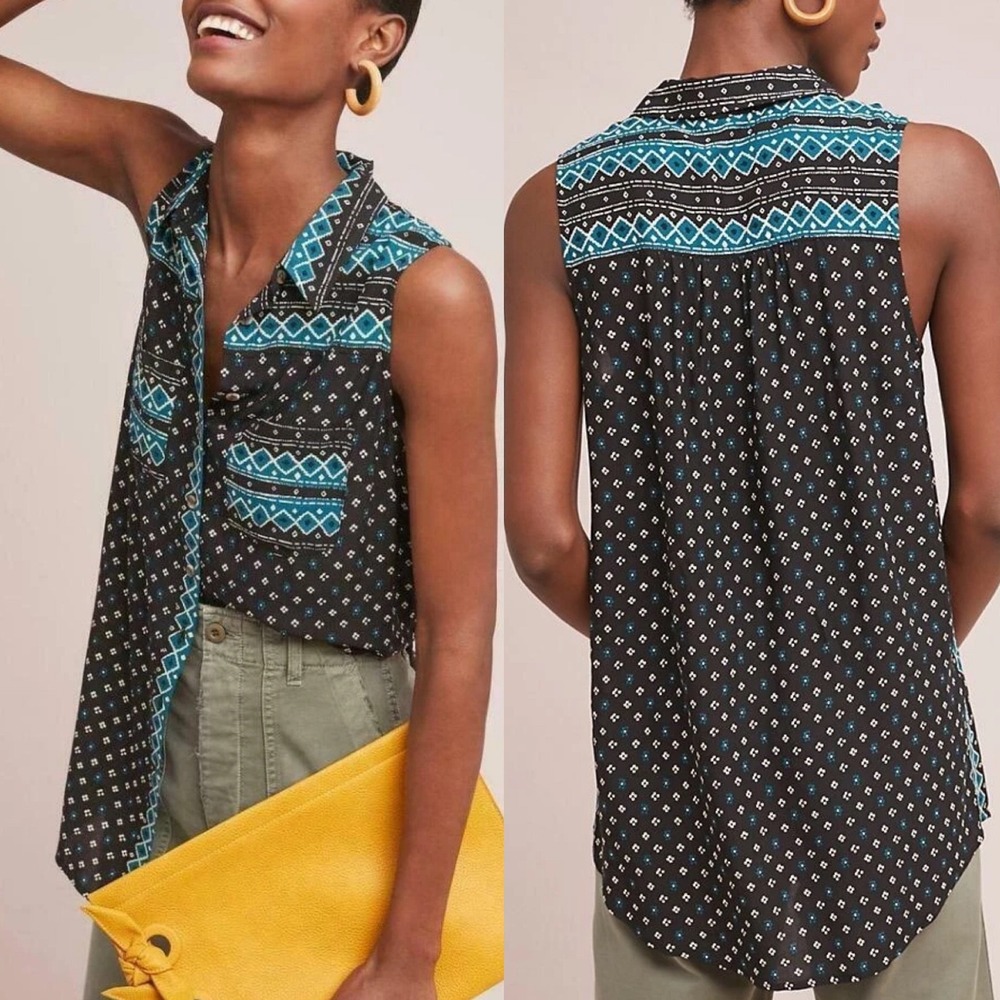 Anthropologie Akemi Kin‎ Ira Button Front Blouse Womens Sz Medium Top Boho Print